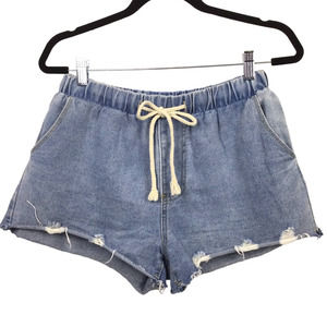 Jeans Light Wash Distressed Elastic Waist Front Tie Pull Up Shorts Junior XL